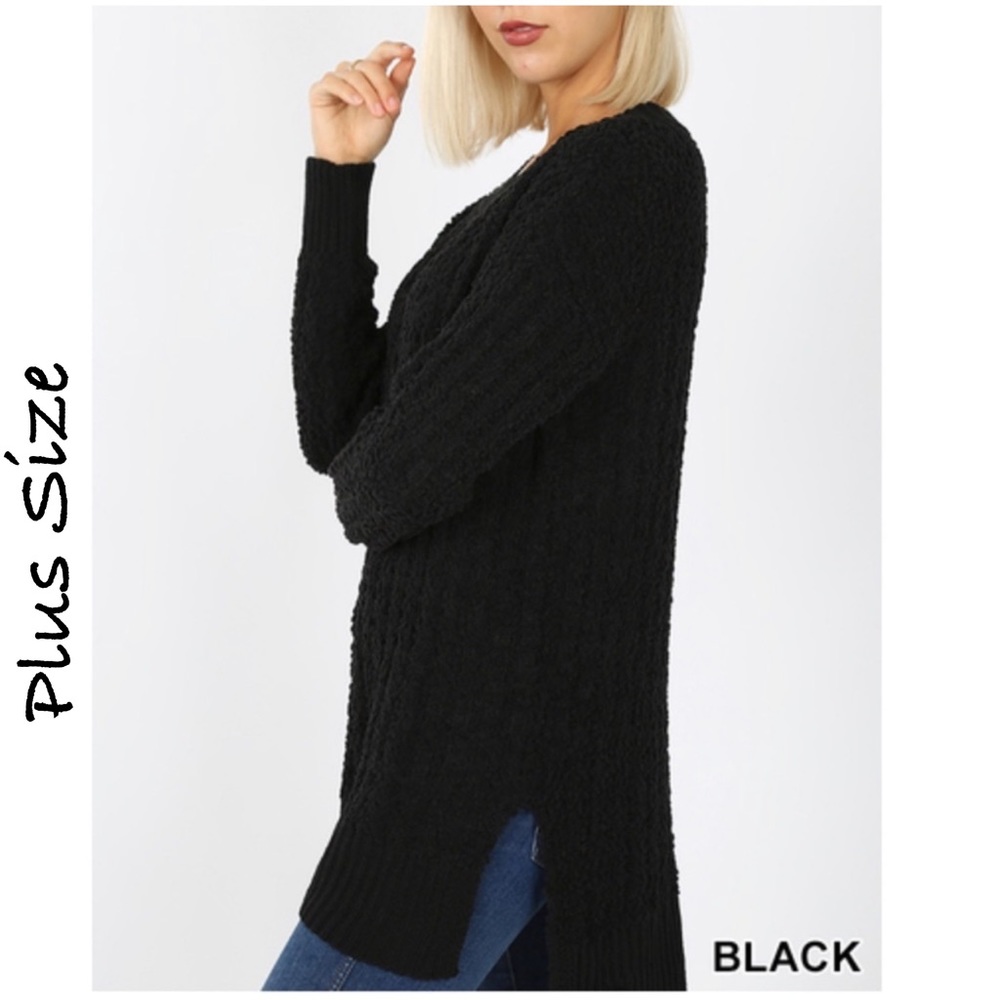 Black Round neck cable popcorn knit long sleeve sweater Plus Size 1X 2X 3X